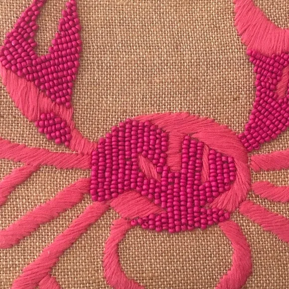 Beaded 2-tone pink crab on tan-colored linen-like fabric clutch bag by Spartina - Picture 2 of 11